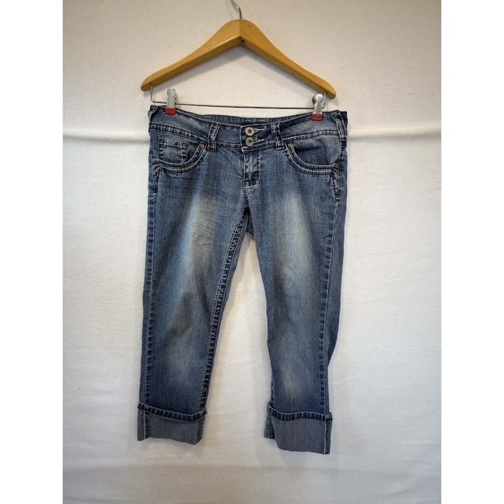 Ultra Low 7" Rise Cropped Jeans Y2K Bling Flap Pocket US 7 Angels Juniors 2000s